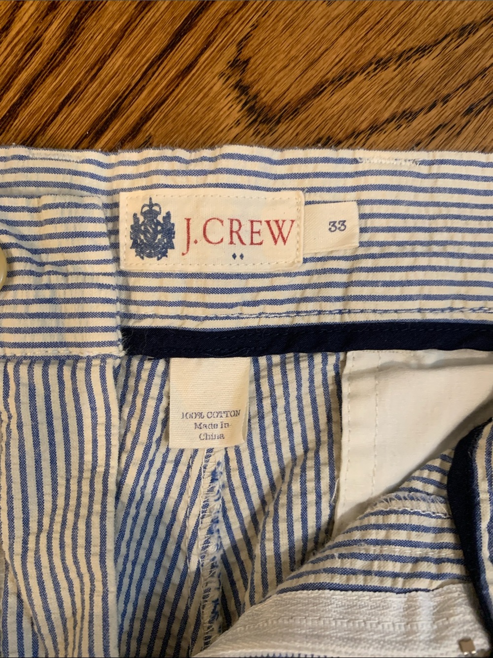 J. Crew Lightweight Blue & White Striped Seersucker Shorts - Size 33, 8” Inseam - Picture 2 of 3